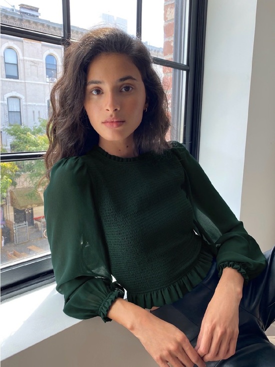 Wilfred Tops - ARITZIA Wilfred Tempest Blouse Women's Dark Green Smocked Long-Sleeve Top